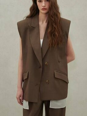 Oversized Brown women Vest sleeveless blazer suit